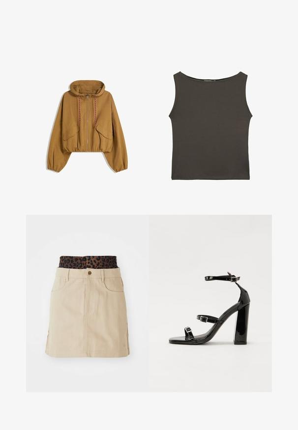 Hnedá skrátená bunda s kapucňou, s predným zipsom, červenými a bielymi šnúrami, dvoma otvorenými vreckami a elastickými manžetami a spodným lemom.; Tmavošedý, priliehavý top bez rukávov s okrúhlym výstrihom, vyrobený z hladkej, elastickej látky. Žiadne viditeľné vzory ani detaily.; Svetlohnedá džínsová sukňa s elastickým pásom so hnedým leopardím vzorom, prednými vreckami a rovnými líniami so viditeľnými detailmi stehov.; Čierne lakované sandále na podpätku so štvorcovou špičkou, navlečenými remienkami okolo členku a striebornými prackami. Disponujú masívnym blokovým podpätkom pre stabilitu.