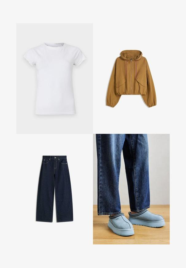 Smeđi kratki kaput s kapuljačom, prednjim zatvaračem, crvenim i bijelim vezicama, dva džepa s preklopom te elastičnim manžetama i rubom.; Bijela pamučna majica s kratkim, valovitim rukavima, okruglim izrezom, prilagođenog kroja, glatke teksture i bez vidljivih uzoraka ili ukrasa.; Tamnoplave široke traper hlače s prednjim džepovima, kopčanjem na gumbe i vidljivim šavovima na bijeloj pozadini.; Plave suède slip-on UGG cipele s debelim potplatima u kombinaciji s plavim farmerkama na drvenom podu ispred jednostavne pozadine.