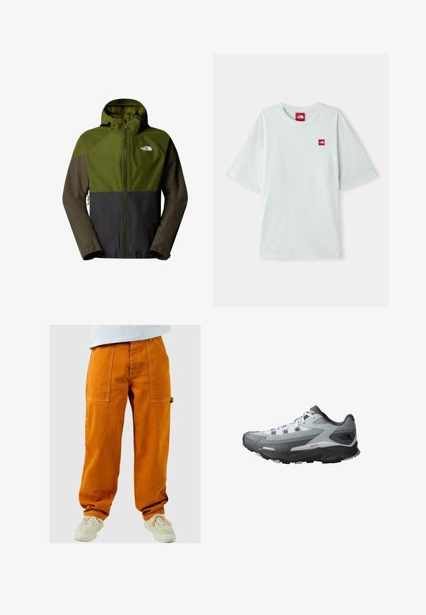 Chaqueta resistente al agua con un diseño bicolor en oliva y verde oscuro, con capucha, cremallera completa y logotipo en el pecho.; Camiseta de manga corta verde claro hecha de algodón suave, con una pequeña etiqueta de logo rojo en el área del pecho izquierdo. Corte relajado y escote redondo.; Pantalones cargo naranjas con corte holgado, que cuentan con múltiples bolsillos y costuras en contraste. Combinados con zapatillas blancas.; Zapatilla de trail running con una combinación de colores en gris y negro, material superior de malla, suela resistente y acentos texturizados para mayor agarre.