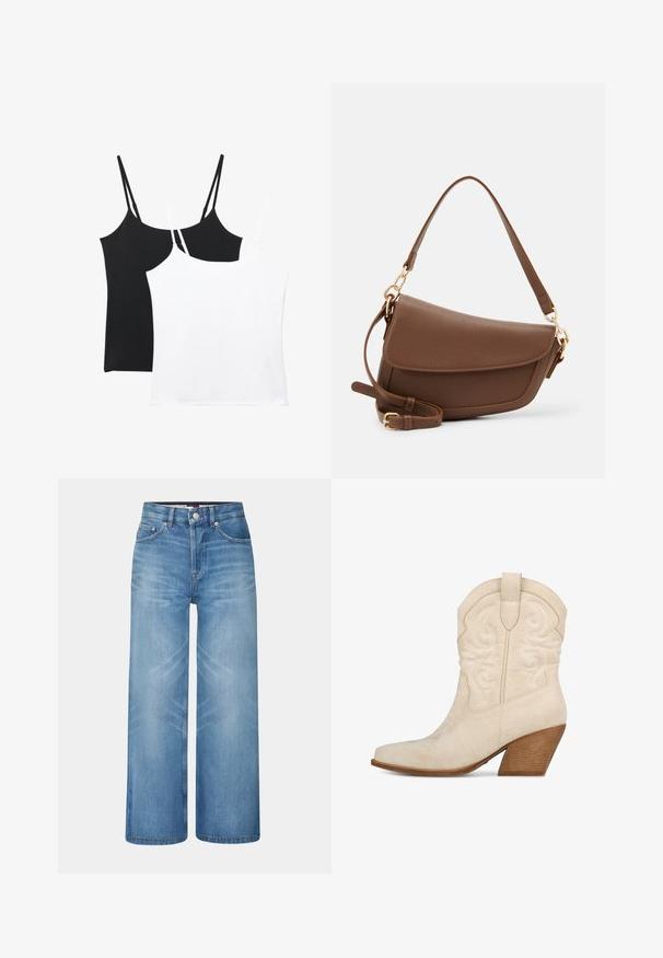 Giacca di jeans accorciata in azzurro chiaro con colletto classico, bottoni a pressione argentati, due tasche sul petto e una texture morbida e leggermente lavata.; Due camicie in raso nero e bianco; ognuna presenta sottili bretelle regolabili, una texture liscia e un design semplice a taglio dritto.; Jeans a gamba larga di colore azzurro in tessuto denim con vita alta, dotati di cinque tasche e leggera sfumatura in tutto il capo.; Stivali da cowboy in suede beige con punta leggermente appuntita, cuciture decorative e tacco in legno impilato. Presenta una linguetta di sollevamento sul gambale.; Borsa a spalla in pelle marrone con finitura testurizzata, forma curva, hardware dorato, tracolla regolabile e chiusura a patta.