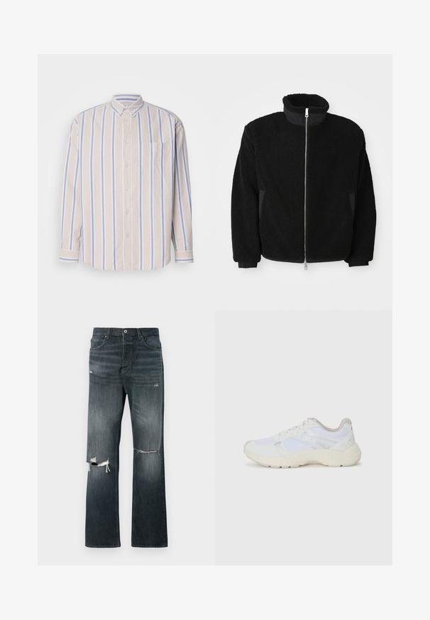 Black fleece jacket featuring a high collar, full zipper, and ribbed cuffs. The fabric has a textured, fuzzy appearance.; White crewneck sweatshirt made of soft cotton blend, featuring a relaxed fit, ribbed cuffs, and "HUGO" logo in black on the chest.; Button-up shirt in soft cotton fabric, featuring vertical beige and light blue stripes, long sleeves, and a single chest pocket.; Denim jeans in dark wash with a relaxed fit, featuring two distressed knee rips, a standard button closure, and five-pocket design.; White athletic shoes made of mesh and suede, featuring a textured midsole, textured accents, and "HUGO" logo on the side.