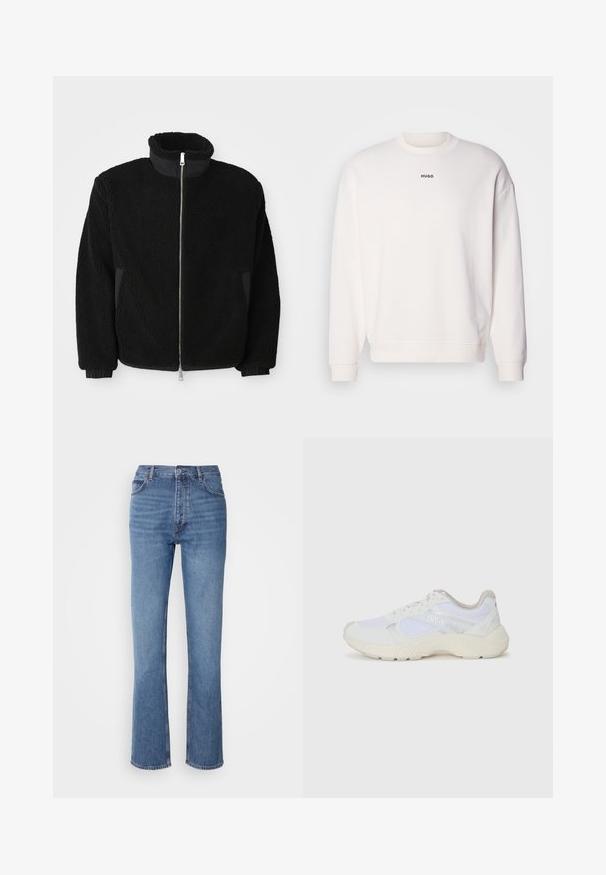 Svart fleecejakke med høy krage, hel glidelås og ribbestrikkede mansjetter. Stoffet har en teksturert, loete utseende.; Hvit crewneck sweatshirt laget av myk bomullsblanding, med en avslappet passform, ribbede mansjetter og "HUGO"-logo i svart på brystet.; Blå denimjeans med høy midje, rett ben-design og subtil falming. Har klassisk fem-lomme stil og glidelås lukking.; Hvit idrettssko laget av mesh og skinn, med en teksturert mellomsåle, teksturerte detaljer og "HUGO"-logo på siden.