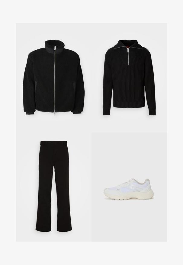 Veste en polaire noire avec un col haut, une fermeture éclair complète et des poignets côtelés. Le tissu a une apparence texturée et duveteuse.; Pull noir à côtes avec un col haut et une fermeture éclair courte. Présente un tissu texturé et des poignets ajustés, offrant une silhouette structurée.; Pantalons évasés noirs en coton avec une texture lisse. Présentent un devant plat et une taille standard sans matériel visible.; Baskets de sport blanches en mesh et en daim, avec une semelle intermédiaire texturée, des accents texturés et le logo "HUGO" sur le côté.