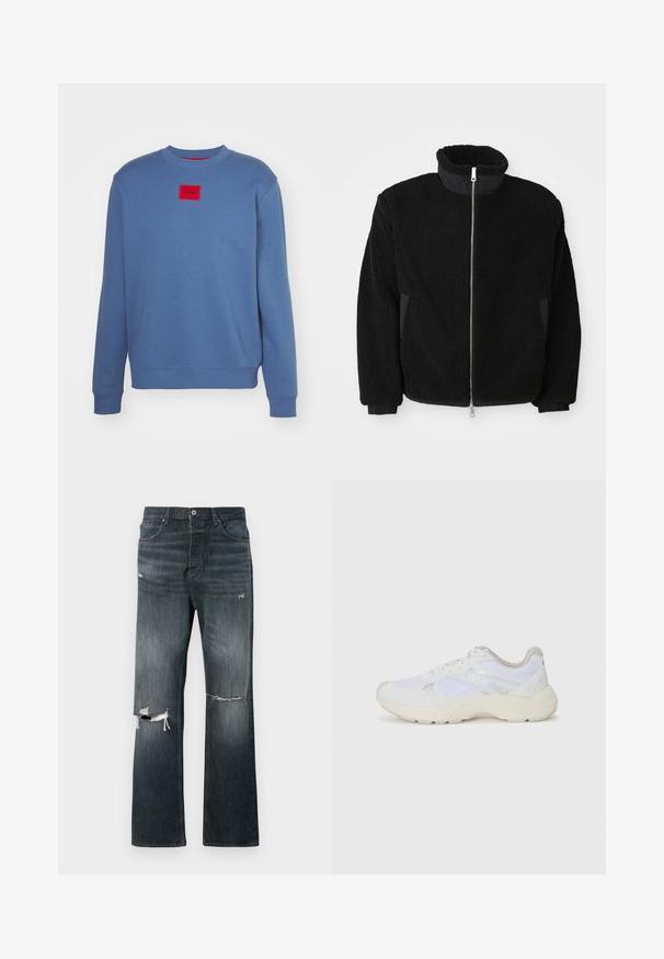 Crna flis jakna s visokim ovratnikom, punim patentnim zatvaračem i rebrastim manžetama. Tkanina ima teksturirani, dlačasti izgled.; Plavi dukserica od mješavine pamuka, s okruglim izrezom, rebrastim rukavima i rubom. Uključuje crveni pravokutni aplikaciju s "HUGO" logotipom.; Traperice u tamnom pranju s opuštenim krojem, s dva izrezana koljena, standardnim zatvaranjem na gumb i dizajnom s pet džepova.; Bijele atletske tenisice napravljene od mrežastog materijala i kože antilop, s teksturiranom srednjom potplatom, teksturiranim detaljima i "HUGO" logotipom sa strane.