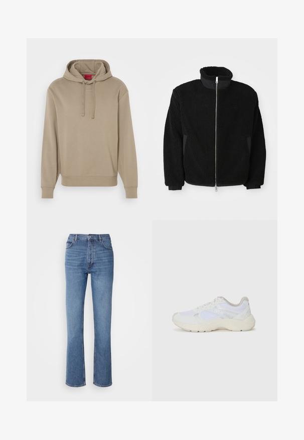 Fekete bolyhos dzseki magas gallérral, teljes cipzárral és bordázott mandzsettákkal. Az anyag texturált, bolyhos megjelenésű.; Hugo márkájú bézs kapucnis pulóver, húzózsinórral, bordás mandzsettákkal és aljjal, a mellkasán egy diszkrét logóval. Sima szövettextúra.; Kék farmernadrág magas derékkal, egyenes szabású dizájnnal és enyhe kopással. Jellemzője az klasszikus öt zsebes kialakítás és cipzáras zárás.; Fehér sportcipők, amelyek hálós és velúr anyagból készültek, texturált középtalppal, texturált részletekkel és a "HUGO" logóval az oldalon.