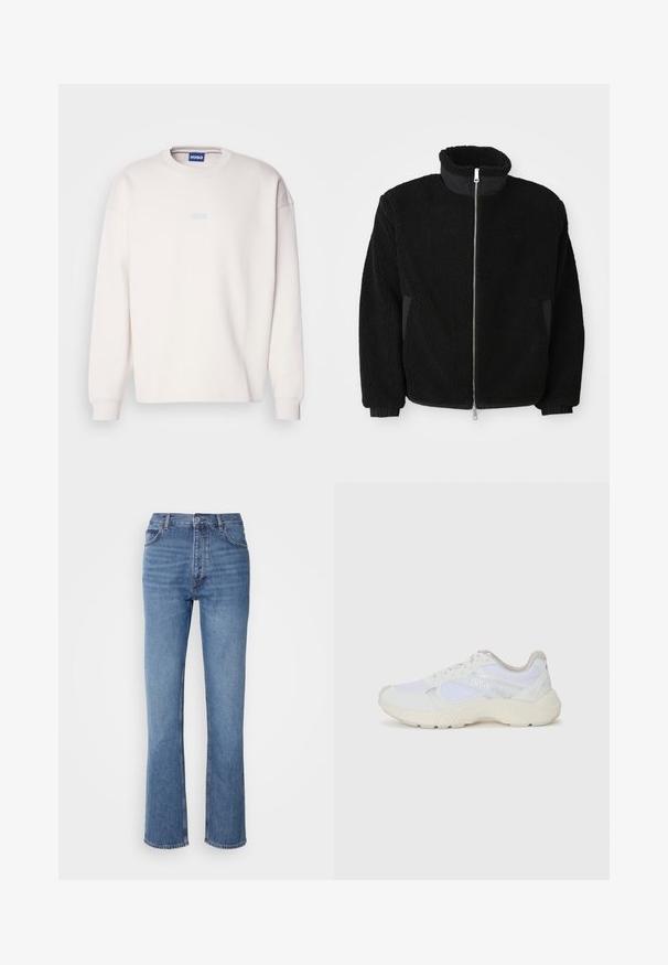 Black fleece jacket featuring a high collar, full zipper, and ribbed cuffs. The fabric has a textured, fuzzy appearance.; Light cream sweatshirt made of soft cotton with a crew neck and drop shoulders. Features a blue "HUGO" logo at the front.; Blue denim jeans with a high waist, straight-leg design, and subtle fading. Features classic five-pocket styling and a zip fly closure.; White athletic shoes made of mesh and suede, featuring a textured midsole, textured accents, and "HUGO" logo on the side.