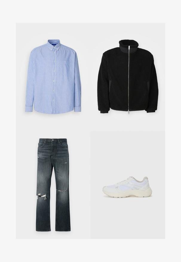 Schwarze Fleece-Jacke mit hohem Kragen, durchgehendem Reißverschluss und gerippten Bündchen. Der Stoff hat ein strukturiertes, fusseliges Aussehen.; Blau-weiße gestreifte Hemd mit Knöpfen, Kragen, einer Brusttasche und langen Ärmeln, aus leichtem Stoff gefertigt.; Dunkel gewaschene Denim-Jeans mit lockerer Passform, die zwei aufgerissene Kniebereiche, einen standardmäßigen Knopfverschluss und ein Fünf-Taschen-Design aufweisen.; Weiße Sportschuhe aus Mesh und Wildleder, mit einer strukturierten Zwischensohle, strukturierten Akzenten und dem "HUGO"-Logo an der Seite.