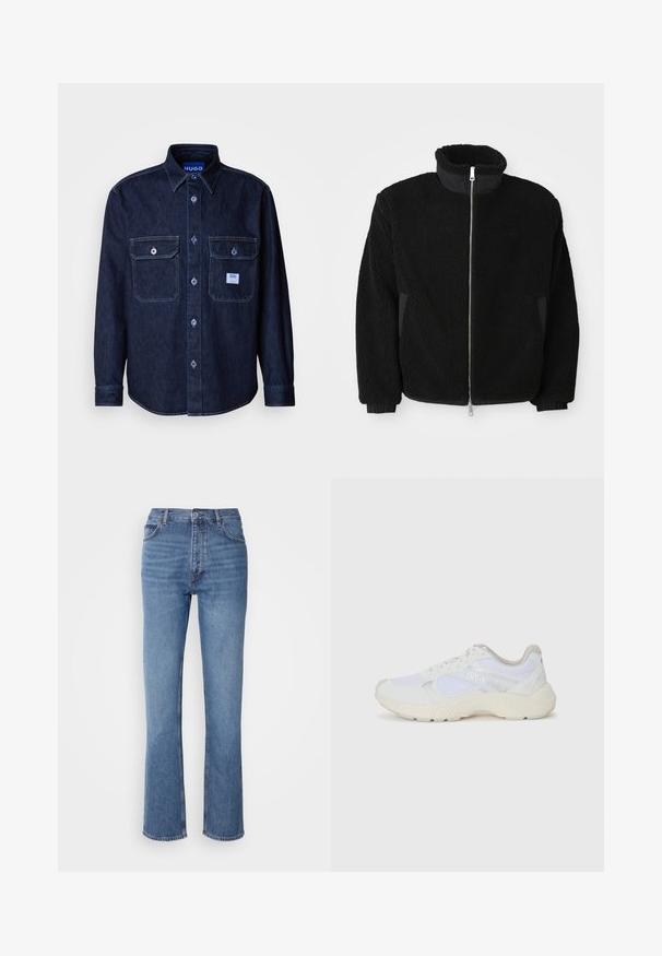 Svart fleecejacka med hög krage, full dragkedja och ribbade ärmavslut. Tyget har en texturerad, lurvigt utseende.; Mörk denimskjorta med knappar och långa ärmar, två bröstfickor och blå märkesetikett. Har kontrastsömmar och klassisk krage.; Blå denimjeans med hög midja, rak bendesign och subtila blekningar. Har klassisk femficksdesign och dragkedja.; Vitaidrottsskor i mesh och mocka med en strukturerad mellansula, texturerade accenter och "HUGO"-logotypen på sidan.