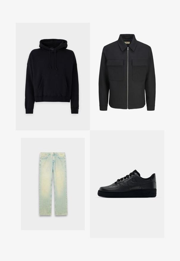 Giacca nera con chiusura frontale a zip, realizzata in tessuto testurizzato, dotata di colletto, due tasche sul petto e orlo dritto.; Felpa nera con cappuccio in cotone, dotata di tasca a kangaroo, cordini, polsini a costine e design corto. Tessuto morbido.; Jeans in denim azzurro chiaro con vestibilità ampia, dotati di cinque tasche, zip e una finitura sbiadita lungo le cosce e le ginocchia.; Sneaker Nike Air Force 1 nera con tomaia in pelle liscia, punta perforata per la traspirabilità, lacci neri e suola in gomma testurizzata.
