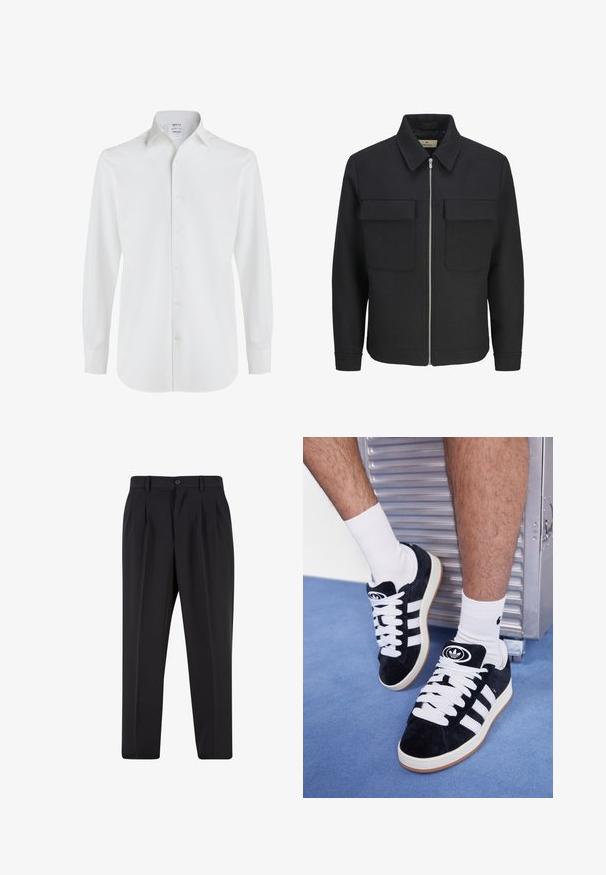 Giacca nera con chiusura frontale a zip, realizzata in tessuto testurizzato, dotata di colletto, due tasche sul petto e orlo dritto.; Camicia bianca a maniche lunghe in cotone liscio, con colletto classico, chiusura frontale con bottoni e orlo arrotondato con polsini con bottone.; Pantaloni neri con design a pieghe sul davanti, realizzati in tessuto morbido. Presentano una chiusura con bottone e passanti per cintura; vestibilità a gamba dritta.; Sneakers in suede nero con lacci bianchi e tre strisce bianche. Presentano un logo circolare nero sulla linguetta e una suola in gomma color gomma.