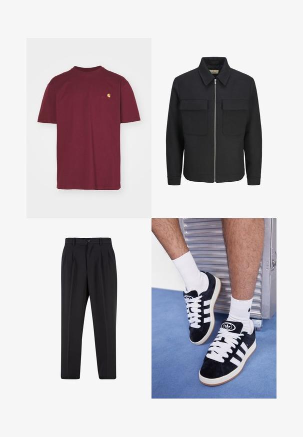 Chaqueta negra con cremallera frontal, confeccionada en tela texturizada, que presenta un cuello con solapa, dos bolsillos en el pecho y un dobladillo recto.; Carhartt WIP AMERICAN SCRIPT - Camiseta básica - malbec; Pantalones negros con un diseño de frente plisado, hechos de una tela suave. Cuentan con un cierre de botón y pasadores para cinturón; corte recto.; Zapatillas de ante negras con cordones blancos y tres rayas blancas. Presentan un logotipo circular negro en la lengüeta y una suela de goma color caramel.