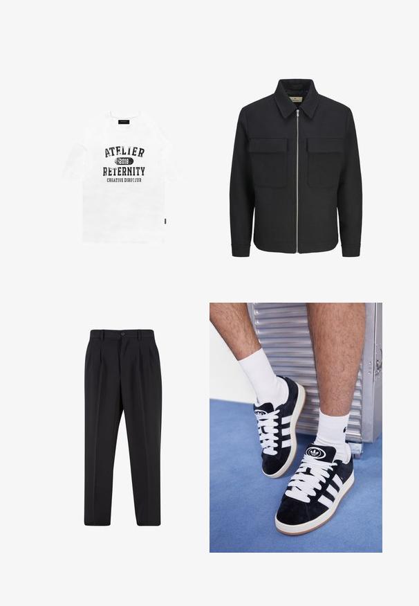 Must musta tõmbluku eest lahtine jope tekstuuriga kangast, millel on kraed, kaks rinna taskut ja sirge ääre.; Valge puuvillane t-särk lühikeste varrukatega, millel on mustad kulunud tähed: "ATELIER 2018 RETERNITY LOOVJUHT." Lihtne, mugav lõige.; Mustad püksid, millel on voltidega eesmine disain, valmistatud siledast kangast. Omab nup closure ja vöökinnitusauke; sirge jalgade lõige.; Mustad nahkjalatsid valgete paelte ja kolme valge triibuga. Omab ümmargust musta logo keele peal ning kummist tallat.