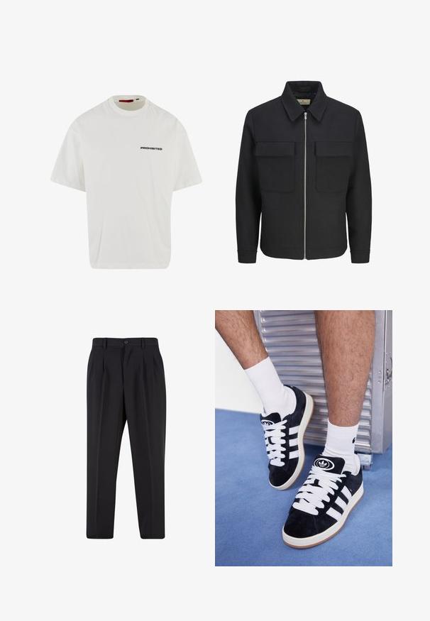 Juoda zip-front striukė pagaminta iš tekstūruotos medžiagos, su apykakle, dviem krūtinės kišenėmis ir tiesiu sijonu.; Balta medvilnė t-shirt su trumpomis rankovėmis ir laisvu kirpimu. Ant krūtinės yra drąsūs juodi žodžiai "DRAUDŽIAMA". Apvali kaklo iškirptė.; Juodi kelnių su raukšlėtu priekiu dizainu, pagaminti iš lygaus audinio. Su mygtuko užsegimu ir diržo kilpomis; tiesios kojų formos.; Juodos zomšos sportbačiai su baltais raišteliais ir trimis baltais dryžiais. Ant liežuvėlio yra apvalus juodas logotipas, o pado medžiaga – guminė.