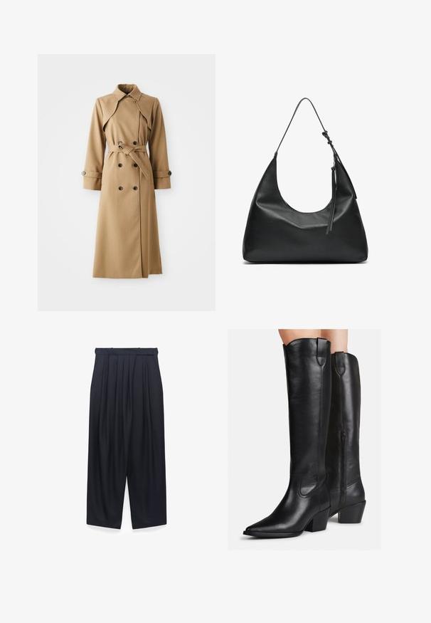 Beige trenchcoat met dubbele knopen, brede kraag, ceintuur in de taille en lange mouwen. Heeft een gemusterde stof en knoopaccenten.; Zwarte, crew-neck trui gemaakt van zachte stof, met lange mouwen en een schoon, eenvoudig ontwerp zonder duidelijke patronen of accenten.; Zwarte plooibroek met wijde benen, hoge taille en riemlussen, plat op een witte achtergrond weergegeven.; Kniehoge zwarte leren laarzen met een puntige neus, blokhak en decoratieve stiksel. Zijrits en een aantrekstrop aan de bovenkant voor gemakkelijk aan- en uittrekken.; Zwarte leren schoudertas met een gebogen vorm, gladde textuur en een lange verstelbare strap. Bevat een subtiele knoopdetail en heeft een minimalistisch ontwerp.