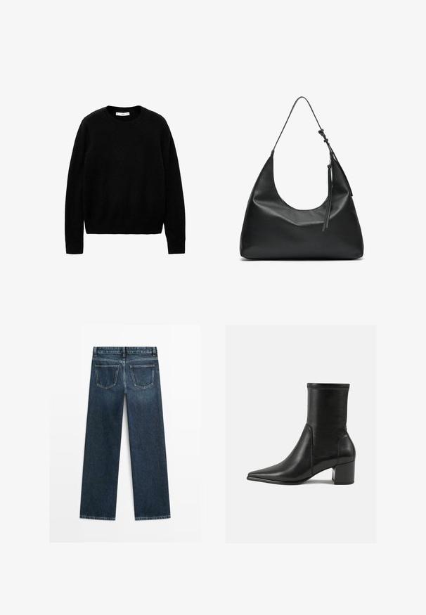 Beige Trenchcoat mit doppelt geknöpften Knöpfen, breitem Kragen, tailliertem Gürtel und langen Ärmeln. Besitzt ein gemustertes Material und Knopfakzente.; Schwarzer Rundhalsausschnitt-Pullover aus weichem Stoff, mit langen Ärmeln und einem schlichten, einfachen Design ohne ausgeprägte Muster oder Akzente.; Dunkelblaue Jeans im geraden Schnitt, mit zwei Gesäßtaschen und sichtbaren Nähten entlang der Nähte und Säume.; Schwarze Knöchelstiefel aus glattem Leder, mit spitzem Zehenbereich, einem Blockabsatz und markanten, raised stitching am oberen Rand.; Schwarze Leder-Schultertasche mit geschwungener Form, glatter Textur und einem langen, verstellbaren Riemen. Verfügt über ein dezentes Knotendetail und ein minimalistischem Design.