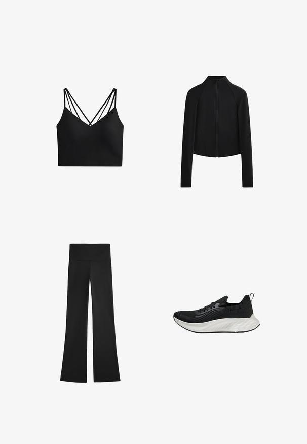 Črna skrajšana jakna z visokim ovratnikom in dolgimi rokavi, z vidnim zadrgo spredaj in opaznimi šivi. Gladek, elastičen material.; Črn skrajšan bralet z globokim V-izrezom, ki ima dva para tankih naramnic, ki ustvarjata križni vzorec na hrbtu. Gladek tekstil.; Črne razširjene hlače iz elastičnega materiala, ki imajo visok pas in gladko teksturo, brez vidnih vzorcev ali kovinskih detajlov.; Črne atletske čevlje s teksturiranim zgornjim delom, belim oblazinjenim podplatom in diskretnim logotipom. Imajo zanko za lažje obuvanje in vezalni sistem.