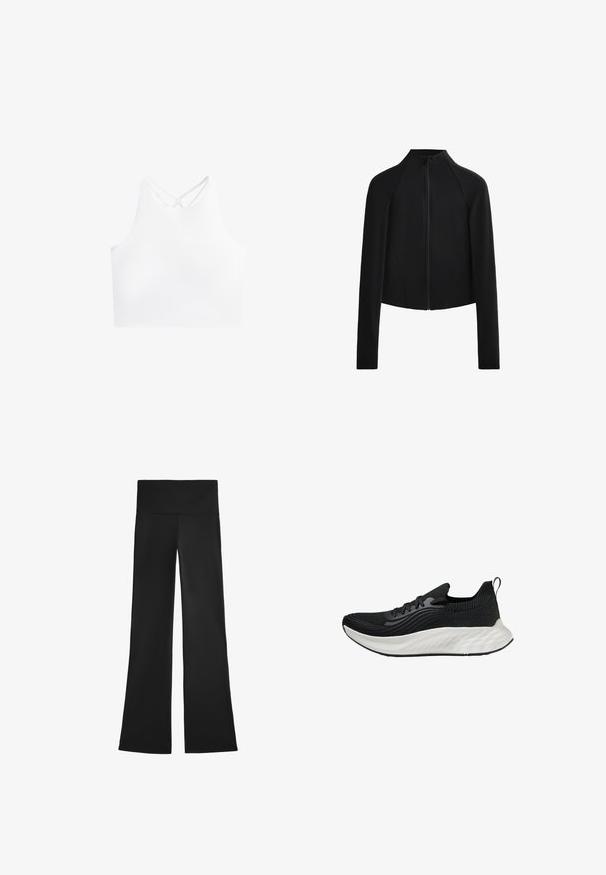 Giacca nera cropped con collo alto e maniche lunghe, dotata di zip frontale e dettagli di cucitura in vista. Tessuto liscio e elastico.; Top corto sportivo bianco con un collarino alto e doppie spalline incrociate sul retro, realizzato in un tessuto morbido e elasticizzato.; Pantaloni neri a palazzo realizzati in tessuto elasticizzato, con una vita alta e una texture liscia, privi di motivi visibili o dettagli in metallo.; Scarpe sportive nere con tomaia testurizzata, suola bianca ammortizzata e branding discreto. Presentano un'utilità per il tallone e chiusura con lacci.