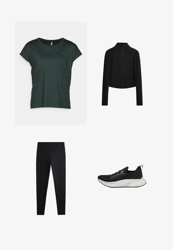 Črna skrajšana jakna z visokim ovratnikom in dolgimi rokavi, z vidnim zadrgo spredaj in opaznimi šivi. Gladek, elastičen material.; ONLY Play ONPAUBREE LIFE ON BAT LOOSE - Športne majice - scarab; Črne legice iz gladkega, raztegljivega blaga. Imajo širok pas in zožen dizajn nog, primeren za aktivno ali vsakodnevno nošenje.; Črne atletske čevlje s teksturiranim zgornjim delom, belim oblazinjenim podplatom in diskretnim logotipom. Imajo zanko za lažje obuvanje in vezalni sistem.