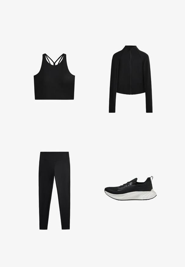 Schwarze, kurz geschnittene Jacke mit hohem Kragen und langen Ärmeln, ausgestattet mit einem Reißverschluss vorne und sichtbaren Nähdetails. Glattes, dehnbares Material.; Schwarzes sportliches Crop-Top mit glatter Textur, hoher Halslinie und doppelten, kreuzförmigen Trägern am Rücken. Einfaches, funktionales Design.; Schwarze Leggings aus glattem, dehnbarem Stoff. Mit einem breiten Bund und tailliertem Bein Design, geeignet für aktive oder lässige Kleidung.; Schwarzer Sportschuh mit einer strukturierten Oberseite, einer weißen gepolsterten Sohle und dezentem Branding. Verfügt über eine Zuglasche und eine Schnürverschluss.