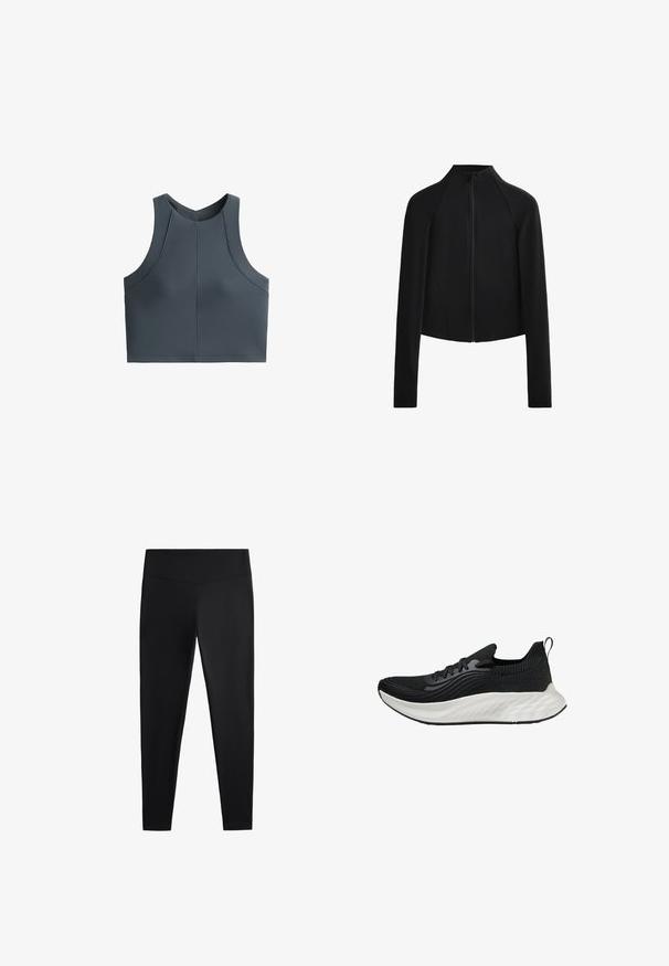 Sort cropped jakke med høj hals og lange ærmer, med en frontlynlås og synlige syninger. Glat, strækbart stof.; Grå cropped top med ribbet tekstur, ærmeløs design og rund halsudskæring, med syninger for en struktureret pasform.; Sorte leggings lavet af glat, strækbart stof. Har en bred talje og en tapered ben-design, velegnet til aktiv eller afslappet brug.; Sort atletisk sko med en tekstureret overdel, en hvid polstret sål og diskret branding. Har en trækflap og snørelukning.