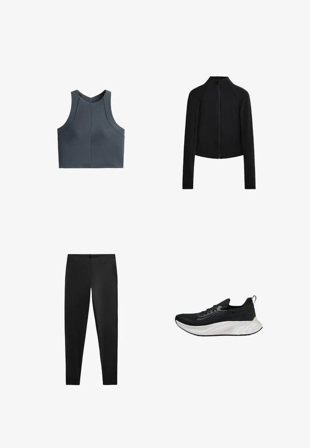 Fekete, rövidített dzseki magas nyakkal és hosszú ujakkal, elülső cipzárral és jól látható varrási részletekkel. Simona, rugalmas anyag.; Szürke rövid felső, bordázott textúrával, ujjatlan kivitelben és lekerekített nyakkivágással, varrási díszítésekkel a formázott illeszkedés érdekében.; Fekete leggings sima textúrával és testhezálló sziluettel, magas derékkal és varrás nélküli kivitelezéssel a kényelem és sokoldalúság érdekében.; Fekete sportcipő texturált felsőrésszel, fehér párnázott talppal és diszkrét logóval. Húzófül és fűzős záródás jellemzi.