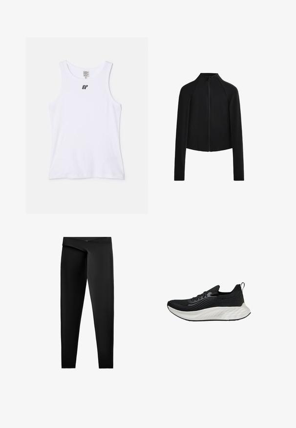 Crni kratki kaput s visokim izrezom i dugim rukavima, s prednjim patentnim zatvaračem i vidljivim detaljima šivanja. Glatka, rastezljiva tkanina.; Bijela pamučna majica bez rukava s okruglim izrezom i trakama srednje širine. Ima mali crni logo na području prsiju. Glatka tekstura.; Crne tajice od glatkog, rastezljivog materijala. Imaju visok pojas i uski kroj sa ravnim rezom do gležnjeva.; Crna atletska cipela s teksturiranim gornjim dijelom, bijelim jastučićem potplatom i suptilnim brendingom. Ima petlju za povlačenje i vezanje.