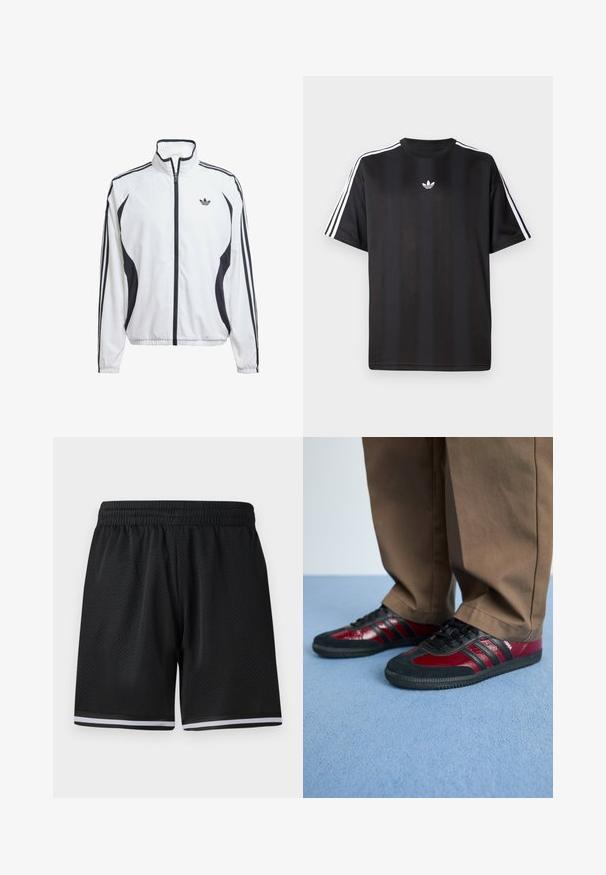 Casaco de pista branco feito de um tecido leve, com pequenos detalhes pretos nas laterais, três riscas pretas nas mangas e um pequeno logótipo no peito.; T-shirt preto de manga curta com detalhes em branco nas três listas nos ombros e um pequeno logo branco no peito. Textura do tecido suave.; Calções atléticos em malha preta com cintura elástica, apresentando riscas brancas ao longo da bainha para um detalhe adicional. Material leve e respirável.; Tênis atléticos pretos e burgundy com materiais de couro e camurça, apresentando cadarços pretos e três riscas pretas de lado. Sola em borracha.