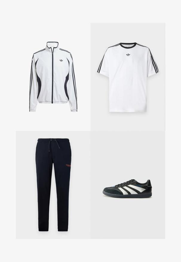 White track jacket made of lightweight fabric, featuring black side accents, three black stripes on sleeves, and a small logo on the chest.; White T-shirt made of cotton, featuring a black round neckline and three black stripes on each shoulder. Small black logo on the chest.; Navy drawstring joggers with side pockets, tapered legs, and orange "WEEKEND OFFICER" text on the right thigh. Soft cotton blend material.; adidas Performance PREDATOR FREESTYLE JUDE INDOOR FOOTBALL SHOES - Indoor football boots - core black/silver-coloured/glory blue