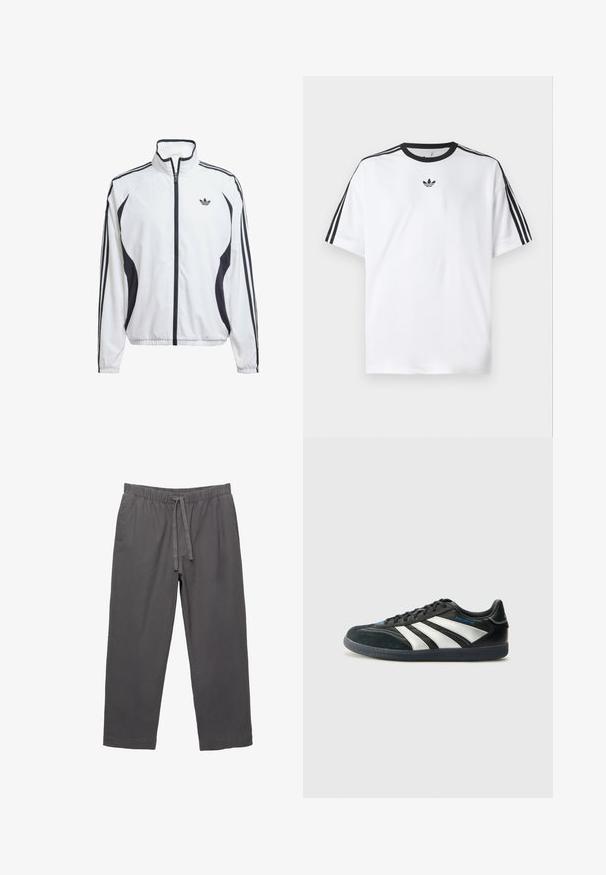 Bela tekaška jakna iz lahkega materiala, z črnimi stranskimi akcenti, tremi črnimi črtami na rokavih in majhnim logotipom na prsih.; Bela majica iz bombaža z črnimi okroglimi izrezi in tremi črnimi črtami na vsakem ramu. Majhen črn logotip na prsih.; Sive, lahki hlače z elastičnim pasom in vrvico. Imajo zožene noge in gladko, rahlo teksturirano blago.; adidas Performance PREDATOR FREESTYLE JUDE INDOOR FOOTBALL SHOES - Dvoranske nogometne kopačke - core black/silver-coloured/glory blue
