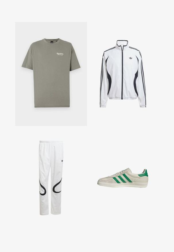Veste de piste blanche en tissu léger, avec des accents noirs sur les côtés, trois rayures noires sur les manches et un petit logo sur la poitrine.; T-shirt en coton vert olive avec des manches courtes, col rond et texte blanc "Harmonie Équilibre dans la Nature" sur la poitrine gauche.; Pantalons de sport blancs avec une texture lisse, présentant des motifs courbés noirs sur les côtés et un logo noir près de la taille.; Baskets beiges avec des rayures vertes, dotées d'une semelle blanche et d'un dessus en cuir lisse. Vue de côté mettant en valeur les détails des lacets et le logo.