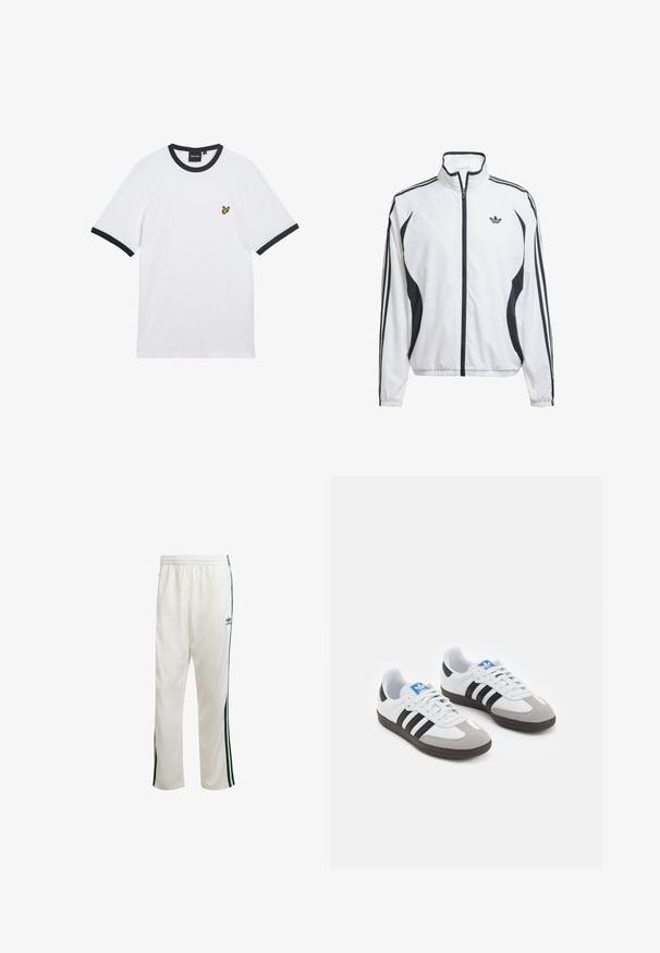 Balts sporta jaciņa, kas izgatavota no viegla auduma, ar melniem sānu akcentiem, trim melnām svītrām uz piedurknēm un mazu logotipu uz krūtīm.; Balta kokvilnas T-krekls ar tumši zilu ribotu apkakli un piedurkņu malām. Uz krūtīm ir maza dzeltena izšūta logo.; Baltas sporta bikses ar zaļām sānu svītrām, elastīgu jostu un logo augšējā kreisajā stūrī. Izgatavotas no viegla auduma.; Sporta apavi ar balto ādas virsu, pelēku zamšādas purngalu un trim melnām svītrām. Iezīmē zilu logotipu uz mēles un teksturētu gumijas zoli.