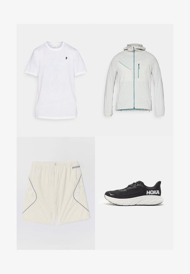 Hvit lett jakke med glidelås foran, elastiske mansjetter og hette. Har sidelommer og brystlomme med kontrasterende blå glidelåser.; Peak Performance EXPLORE GRAPHIC TEE - T-shirts med print - white; Lys beige treningsshorts med elastisk midje, grå piping og sidelommer med et mønstrete design. Laget av pustende materiale.; Svarte joggesko med teksturert mesh-overdel, hvit mellomsåle, fremtredende logo på hælen og buet såle for demping.