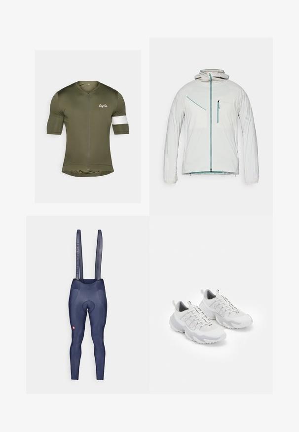Witte lichtgewicht jas met een ritssluiting aan de voorkant, elastische manchetten en een capuchon. Bevat zij- en borstzakken met contrasterende blauwe ritsen.; Korte mouwen fietsjersey in olijfgroen, met een ritssluiting aan de voorkant, witte schouderaccenten en het "Rapha"-logo in het wit op de borst.; Marineblauwe fietsbroek met bretels van gaas, gevoerd zitgedeelte, soepele stoftextuur en een klein logo op het onderbeen.; Witte sportieve schoenen met een bovenwerk van mesh, grijze accenten, een gestructureerde rubberen zool en trek lipjes op de hiel; heeft een vetersluiting.