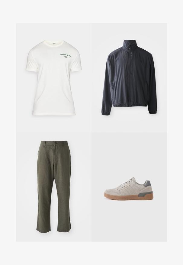 Jaqueta leve preta com fecho frontal total, gola alta, punhos elásticos e bolsos laterais contra um fundo branco liso.; T-shirt branca de algodão com mangas curtas, decote redondo e logotipo impresso em verde "BJÖRN BORG STOCKHOLM 1986" no lado esquerdo do peito.; Calças de linho em verde-oliva, com corte reto, passantes para cinto, fecho frontal com botão e bolsos laterais. Textura suave, design minimalista.; Sapatilha de camurça cinza com sola de borracha, apresentando um acabamento texturizado, design com atacadores e uma marcação subtil de lado. Acentuada com um salto cinza.
