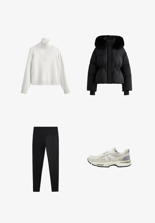Fekete, bélelt pufi dzseki műszőrme gallérral, elasztikus derékkal és hosszú ujjakkal. Az anyag sima, fényes kivitelű.; Világosszürke pulóver magas gallérral, félig cipzárral és bordázott textúrával. Dobozos fazon, eső vállakkal és strukturált kialakítással.; Fekete leggings sima, rugalmas anyagból. Széles derékpánt és szűkülő lábzárás jellemzi, alkalmas aktív vagy laza viseletre.; Bézs színű sportcipő texturált hálós felsőrésszel és sima kiegészítőkkel. Párnázott talppal, megerősített orr-résszel és fekete gumitalppal rendelkezik.