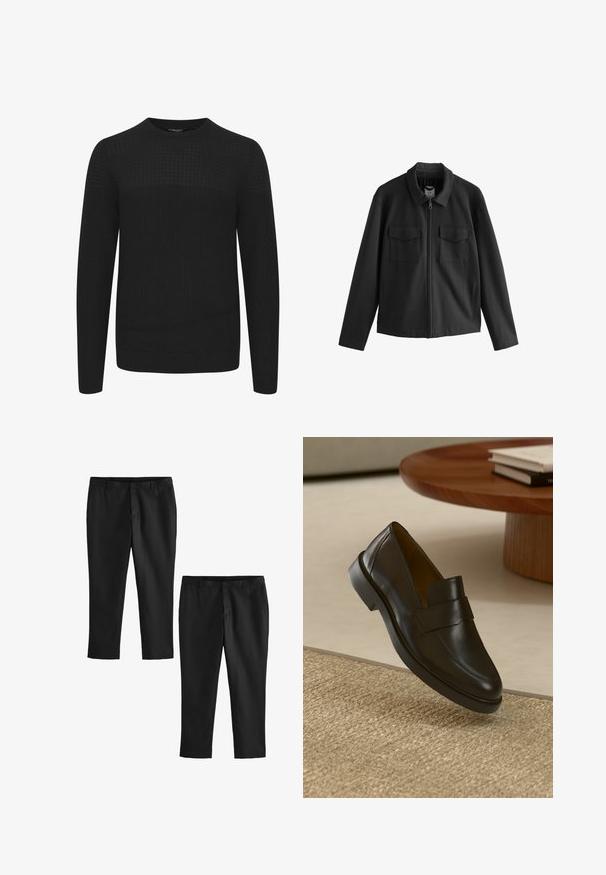 Giacca nera con taglio dritto, dotata di colletto, zip frontale e due tasche sul petto. Tessuto liscio con finitura opaca.; Maglione nero lavorato a maglia con scollo rotondo, caratterizzato da un pannello superiore testurizzato e polsini e orlo a costine. Realizzato in un tessuto morbido e caldo.; Pantaloni neri su misura con una texture liscia, caratterizzati da un design a gamba dritta e vita media. Vengono mostrati due modelli, uno accorciato.; Mocassino in pelle nera con finitura liscia, punta rotonda e una fascia decorativa sulla parte superiore. Tacco in gomma basso, posizionato su una superficie texture.