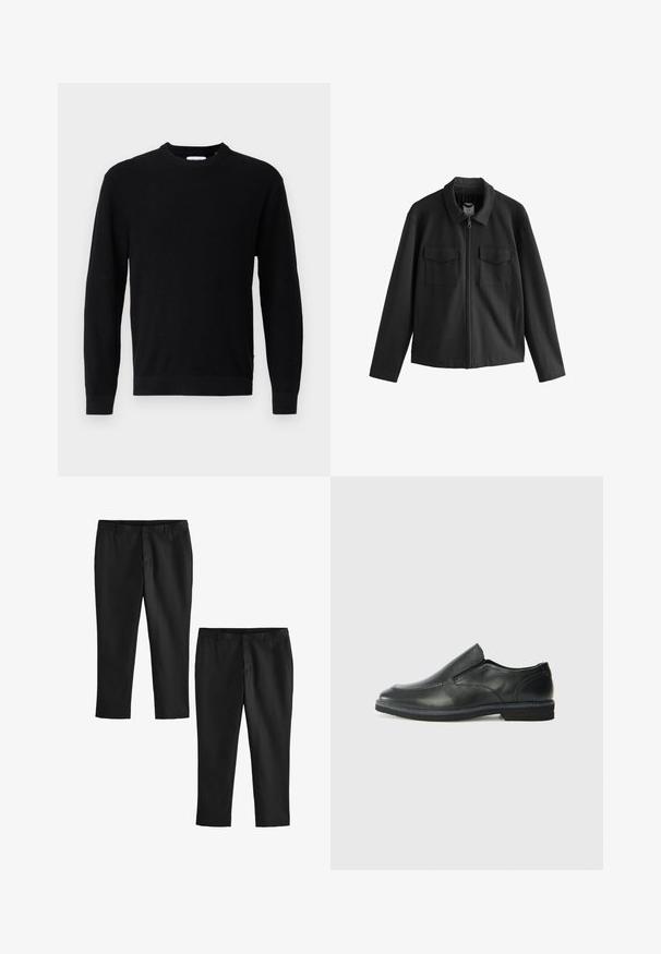 Giacca nera con taglio dritto, dotata di colletto, zip frontale e due tasche sul petto. Tessuto liscio con finitura opaca.; Maglione nero lavorato a maglia con scollo rotondo, maniche lunghe e una texture a coste. Presenta un orlo dritto e un design minimale.; Pantaloni neri su misura con una texture liscia, caratterizzati da un design a gamba dritta e vita media. Vengono mostrati due modelli, uno accorciato.; Scarpa nera in pelle con inserto scivolare, superiore liscio, dettagli cuciti, punta arrotondata e tacco in gomma basso. La suola presenta un battistrada minimale.