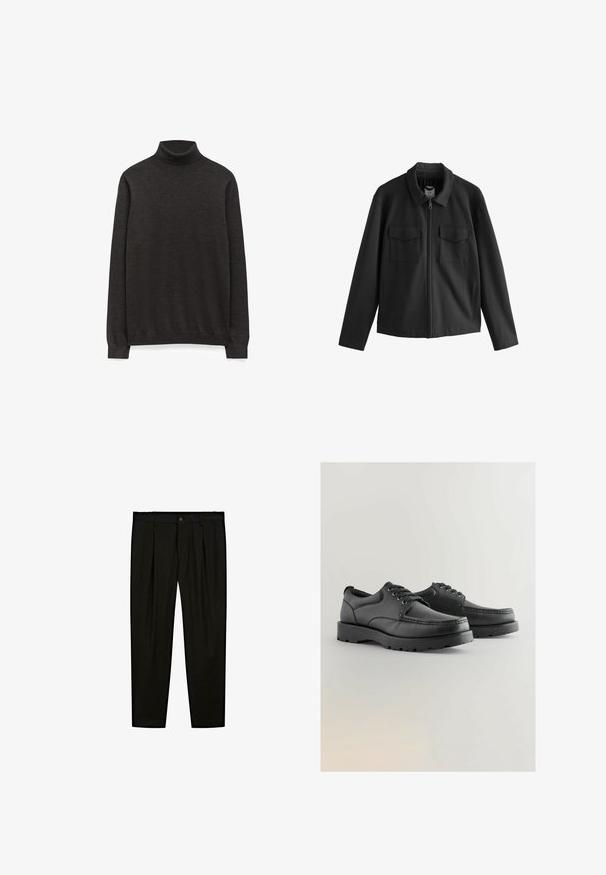 Schwarze Jacke mit geradem Schnitt, featuring einen Kragen, einen Frontreißverschluss und zwei Brusttaschen. Glattes Gewebe mit matter Oberfläche.; Dunkelgrauer Rollkragenpullover aus einem weichen Strickstoff, mit langen Ärmeln und einer taillierten Silhouette ohne sichtbare Logos.; Schwarze maßgeschneiderte Hose aus glattem Stoff. Zu den Merkmalen gehören eine flache Vorderseite, weite Beine und ein Knopfverschluss am Taillenbund.; Schwarze Lederschuhe mit strukturiertem Obermaterial, runder Spitze, Schnürdesign und dicken Gummisohlen mit einem Profil.