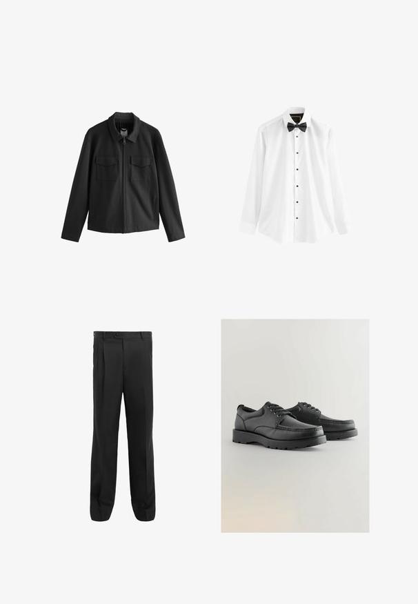 Črn plašč z ravnim krojem, featuring ovratnik, sprednji zadrgo in dvema žepoma na prsih. Gladek material z mat površino.; Bela srajca iz bombaža z dolgimi rokavi, črna metuljčkasta in črnimi gumbi spredaj.; Črne hlače z ravnim krojem, ki vključujejo naborke, en gumb za zapiranje in zanko za pas. Narejene so iz gladkega blaga.; Črne usnjene čevlje z teksturirano zgornjo plastjo, okroglo toe, zavezovanjem in debelim gumijastim podplatom, ki ima vzorčno podlago.