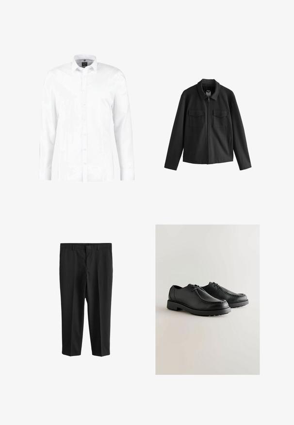 Zwarte jas met een rechte snit, voorzien van een kraag, een rits aan de voorkant en twee borstzakken. Glad materiaal met een matte afwerking.; OLYMP No. Six OLYMP NO.6 SUPER SLIM FIT - Overhemd - weiss; Next REGULAR FIT - Pantalon - black; Zwarte leren schoenen met een gladde textuur, ronde neus en gestikte details. Voorzien van zwarte rubberen zolen en veters voor een veilige pasvorm.