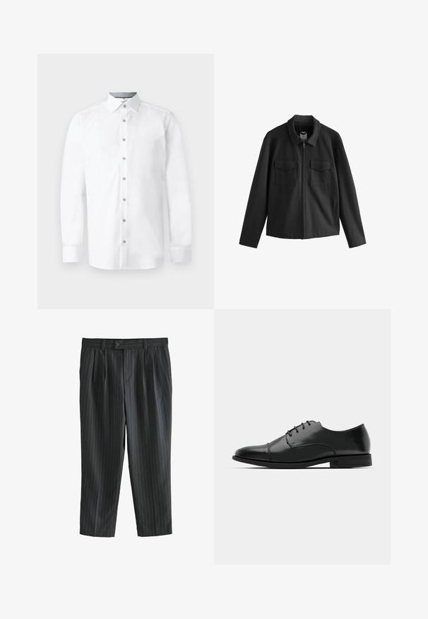 Melnā jaka ar taisnu griezumu, aprīkota ar apkakli, priekšējo rāvējslēdzēju un divām krūšu kabatām. Gluda auduma virsma ar matētu apdari.; Balta krekliņa ar garām piedurknēm, pogām priekšpusē, norādītām apkaklēm un gludu tekstūru. Ievērojami seši pogas un aproces piedurknes.; Pelēkas svītrainās bikses ar krokām priekšā, kas izgatavotas no gludas auduma, ar pogu aizdari un taisnām kājām.; Melnas ādas vadmalas kurpes ar noapaļotu purngalu, saistījuma dizains, smalkas izšuvumu detaļas un zema papēža. Gluda tekstūra ar spīdīgu apdari.