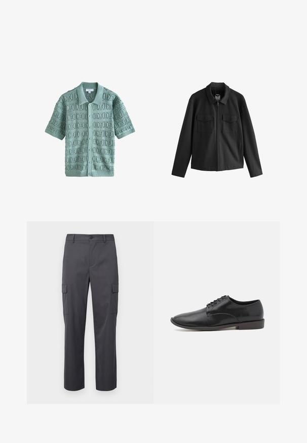 Černá bunda se rovného střihu, s klopovým límcem, předním zipem a dvěma náprsními kapsami. Hladká tkanina s matným povrchem.; Pletený kardigan s krátkým rukávem v měkké mátové zelené, který má strukturovaný vzor se čtvercovými motivy, žebrovaný límec a pět knoflíků.; Charcoal šedé cargo kalhoty vyrobené z hladké tkaniny, se střihovým designem rovné nohavice, dvěma bočními kapsami a knoflíkovým zapínáním v pase.; Černá kožená šněrovací bota s hladkým povrchem, kulatou špičkou a nízkou gumovou podrážkou. Minimalistický design bez dalších ozdob.
