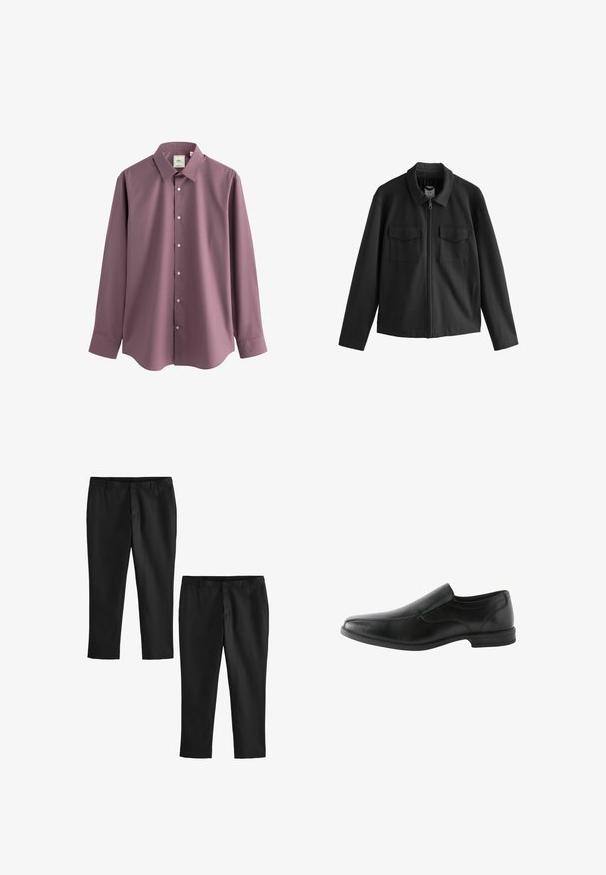 Czarna kurtka o prostym kroju, z kołnierzem, przednim zamkiem błyskawicznym oraz dwoma kieszeniami na piersiach. Gładki materiał o matowym wykończeniu.; Next - Koszula biznesowa; Czarne eleganckie spodnie o gładkiej fakturze, z prostym krojem nogawki i średnim stanem. Pokazane są dwie pary, z czego jedna jest ścięta.; Czarne skórzane buty wsuwane o gładkiej fakturze, lekko spiczastym nosku, niskim obcasie i minimalistycznym przeszyciu na cholewce.
