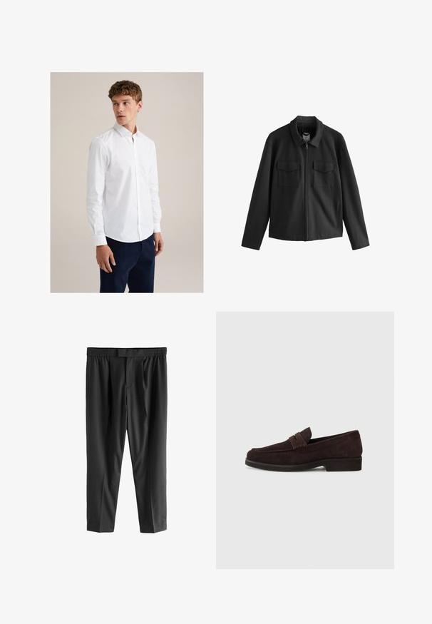 Mustapuku, jossa on suora leikkaus, kaulus, edessä vetoketju ja kaksi rintataskua. Sileä kangas, jossa on matta pinta.; Nuori mies, jolla on kihara hius, pukeutuneena istuvaan valkoiseen nappipaitaan ja tummansinisiin housuihin, seisoo tasaisella beigeruudullisella taustalla.; Next REGULAR FIT -CHECK SMART - Chinot - black; Ruske mokasiner i gamzene s niskim profilom i zaobljenim prednjim dijelom. Imaju ukrasnu traku preko gornjeg dijela, ravni gumeni potplat i bez vidljivih šavova.