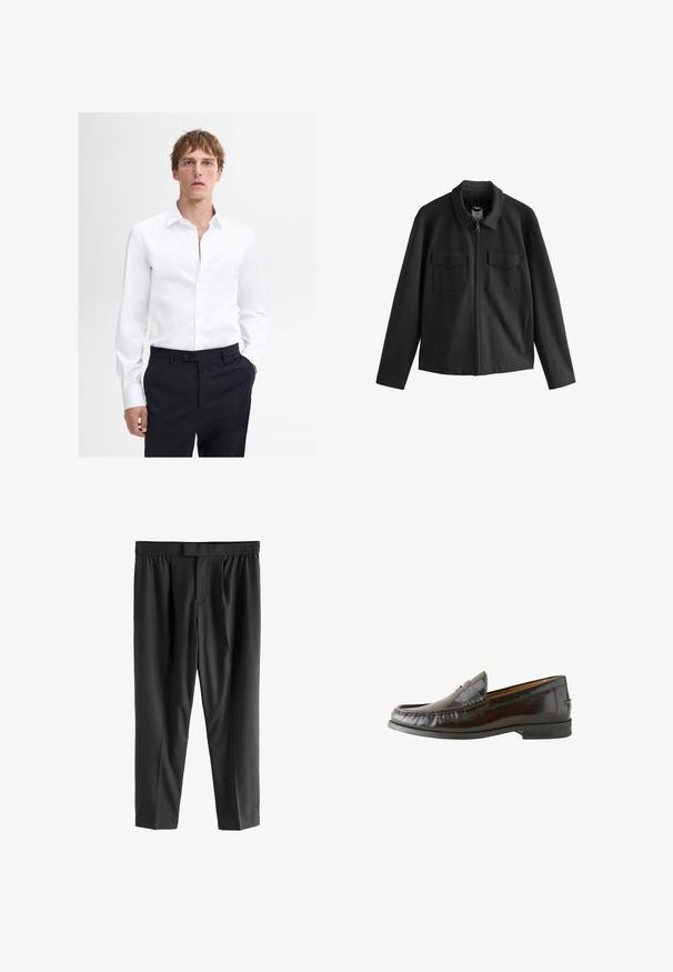 Zwarte jas met een rechte snit, voorzien van een kraag, een rits aan de voorkant en twee borstzakken. Glad materiaal met een matte afwerking.; Witte langslang shirt met een button-down kraag en een frontplacket, gedragen met donkere op maat gemaakte broek. Glad stof, een schoon ontwerp.; Next REGULAR FIT -CHECK SMART - Chino - black; Bruine leren instappers met een gladde afwerking, gestikte details, een lage hak en een ronde neus. De zool is van zwart rubber voor betere grip.