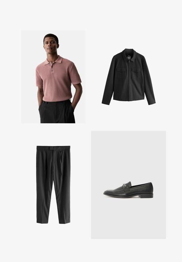Svart jacka med rak skärning, med krage, framdragkedja och två bröstfickor. Slät textil med matt finish.; Ribbad, kortärmad pikétröja i dämpad rosa med krage och treknappslås. Bärs med mörka byxor, händerna i fickorna.; Next REGULAR FIT -CHECK SMART - Chinos - black; Svart läderloafers med en slät yta, med en sydd design och en dekorativ metallkedjeaccent över västen. Platt häldesign.