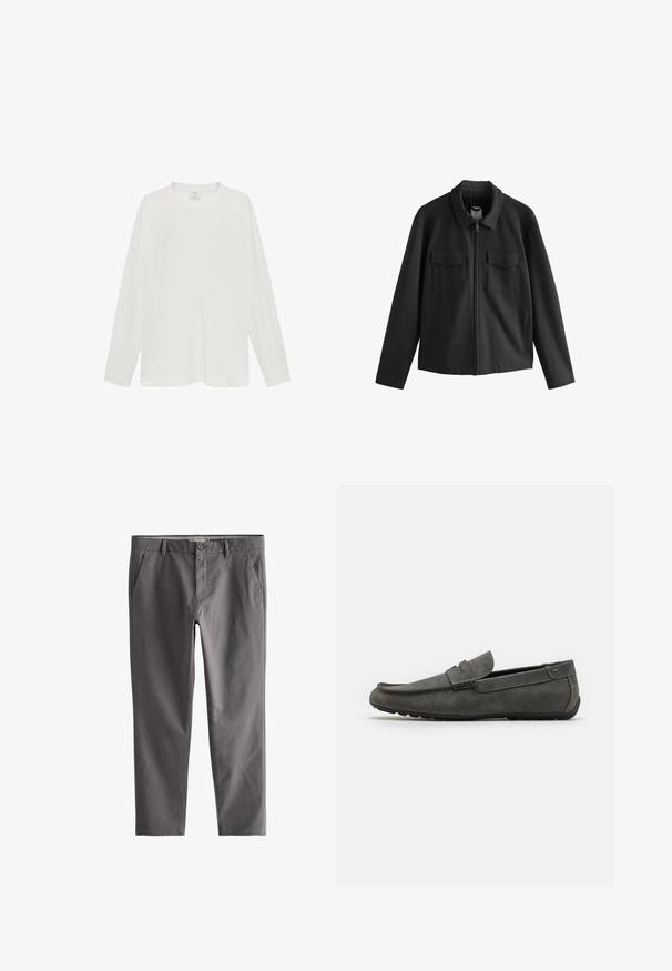 Svart jacka med rak skärning, med krage, framdragkedja och två bröstfickor. Slät textil med matt finish.; Vit långärmad t-shirt, tillverkad av mjukt tyg, rund halsringning, avslappnad passform, minimalistisk design, inga synliga logotyper eller mönster.; Grå byxor i bomullsblandning med knappstängning, bältesögon, framfickor, skräddarsydd passform och slät textur.; Grå mocka loafers med rund tå, sydda detaljer och platt gummisula. Skon har en slät textur och ett framstycke som accent.