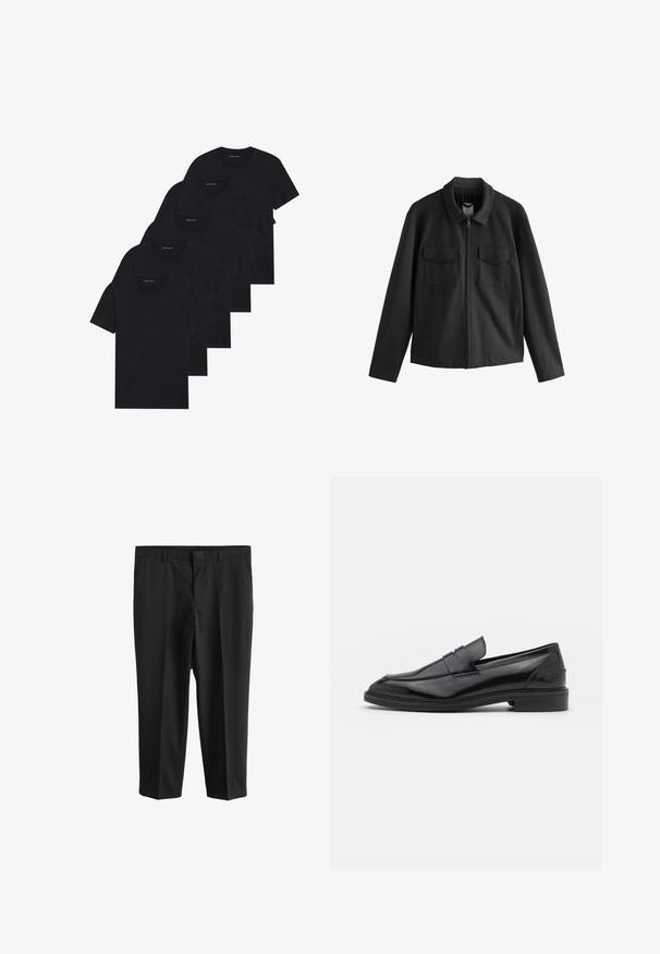 Sort jakke med lige snit, der har krave, frontlynlås og to brystlommer. Glat stof med mat finish.; Pakke med fem sorte crew-neck T-shirts. Korte ærmer, lavet af bomuld, standart pasform. Glat tekstur uden synlige mønstre eller udsmykninger.; Next REGULAR FIT - Habitbukser - black; Sorte læder loafers med en glat overflade, der har en rund tå og en smal bånd over det øverste. Lav stablet hæl.