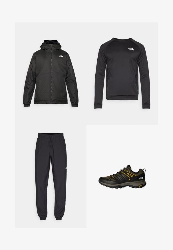 Svart The North Face hettegenser med frontglidelås, elastiske mansjetter, og logo på øvre venstre bryst mot en hvit bakgrunn.; Svart langermet hettegenser med rund hals, laget av glatt stoff. Sidelommer i mesh for pusteevne. Har en hvit logo på brystet.; Sorte idrettsbukser laget av lett stoff, med snor i livet, sidelommer og smale mansjetter ved anklene.; Husky utendørssko for menn i svart og olivengrønn. Har en pustende mesh-overdel, gule detaljer og en robust gummisåle for godt grep.