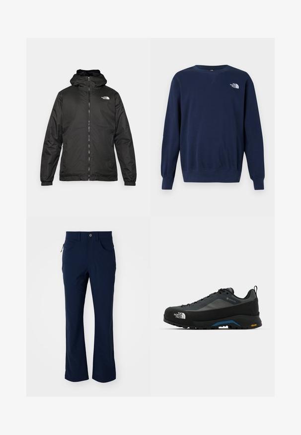 Juodas „The North Face“ striukė su gobtuvu, priekyje užtrauktuku, elastingomis rankogaliais ir logotipu viršutinėje kairėje krūtinės pusėje ant baltos fono.; Jūrinės mėlynos spalvos prigludęs megztinis, pagamintas iš minkštos medžiagos, su apvaliu kaklu, ilgomis rankovėmis ir baltu logotipu ant krūtinės. Lygi tekstūra ir paprastas dizainas.; Tamsiai mėlynos tiesios kojos kelnės su diržo kilpomis, mygtuko uždarymu, priekinių kišenių ir užtrauktuku užsegama šonine kišene ant balto fono.; The North Face VERTO ALPINE GORE TEX - Turistiniai batai - asphalt grey/tnf black